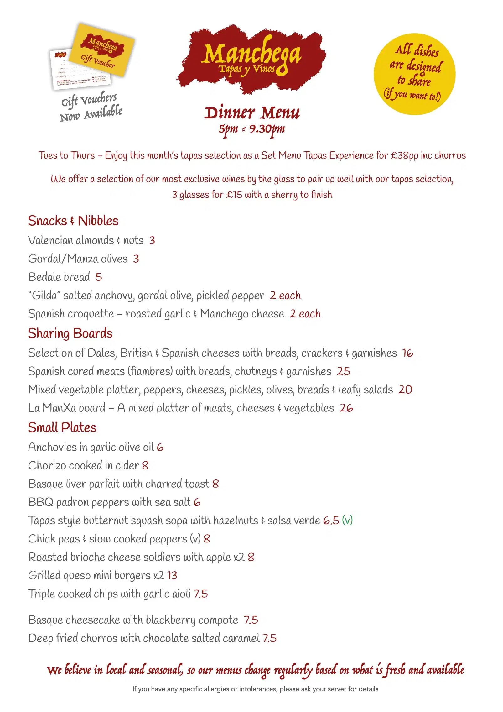 MANCHEGA TAPAS & SMALL PLATES MENU 4th November 2025